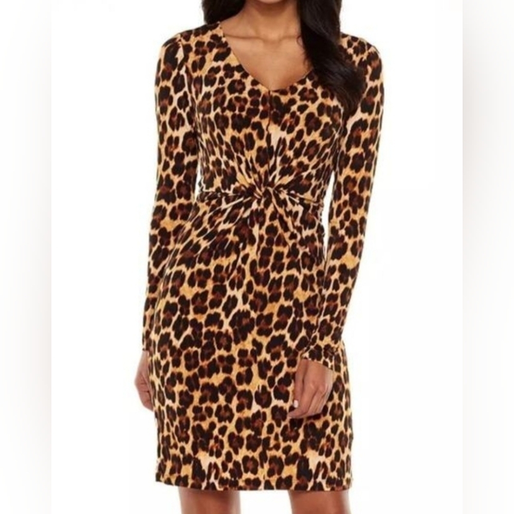 JENNIFER LOPEZ ~Woman Size XS~ Beige/Brown Leopard Print Dress Long Sleeve.